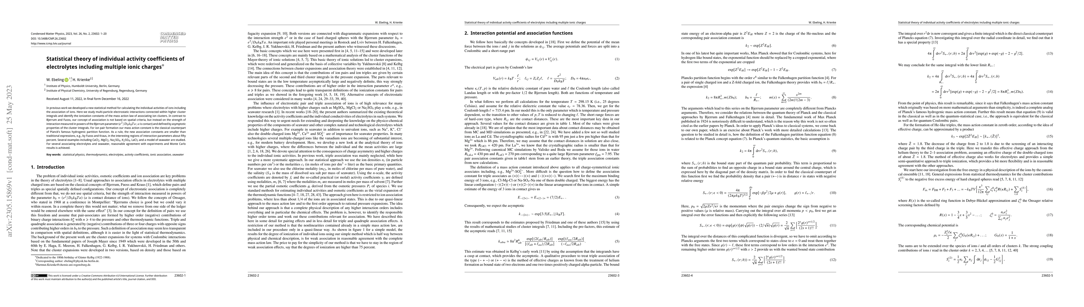 Thumbnail for Statistical theory of individual activity coefficients of electrolytes
  including multiple ionic charges