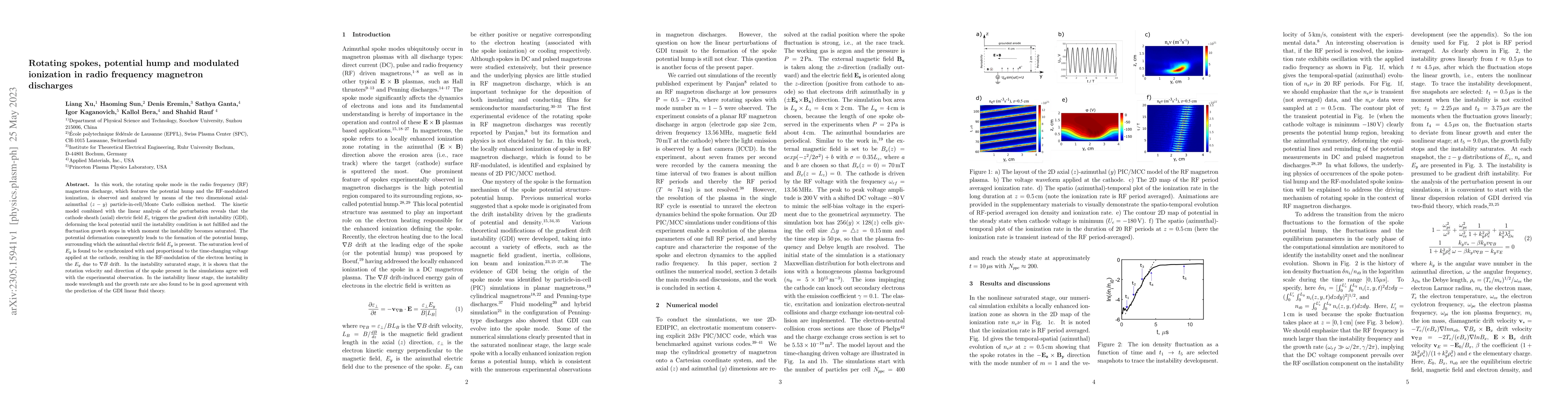 Thumbnail for Rotating spokes, potential hump and modulated ionization in radio
  frequency magnetron discharges