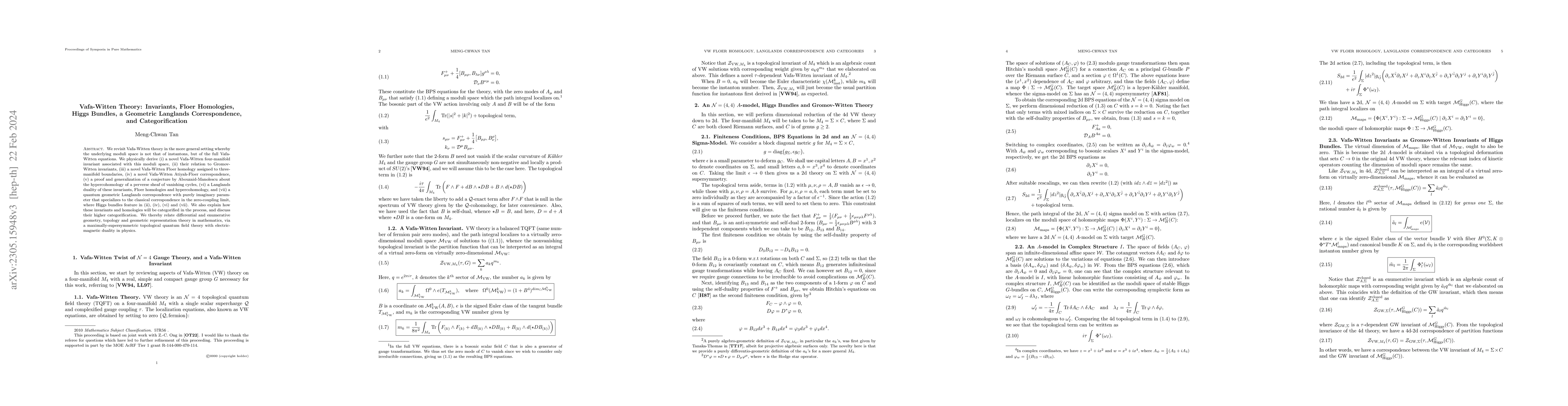 Thumbnail for Vafa-Witten Theory: Invariants, Floer Homologies, Higgs Bundles, a
  Geometric Langlands Correspondence, and Categorification (String Math 2022
  Proceedings)