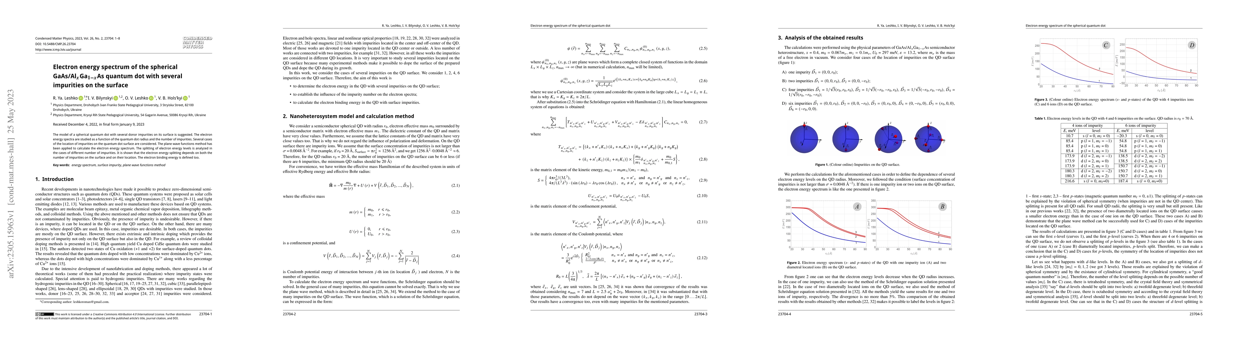 Thumbnail for Electron energy spectrum of the spherical GaAs/Al$_x$Ga$_{1-x}$As
  quantum dot with several impurities on the surface