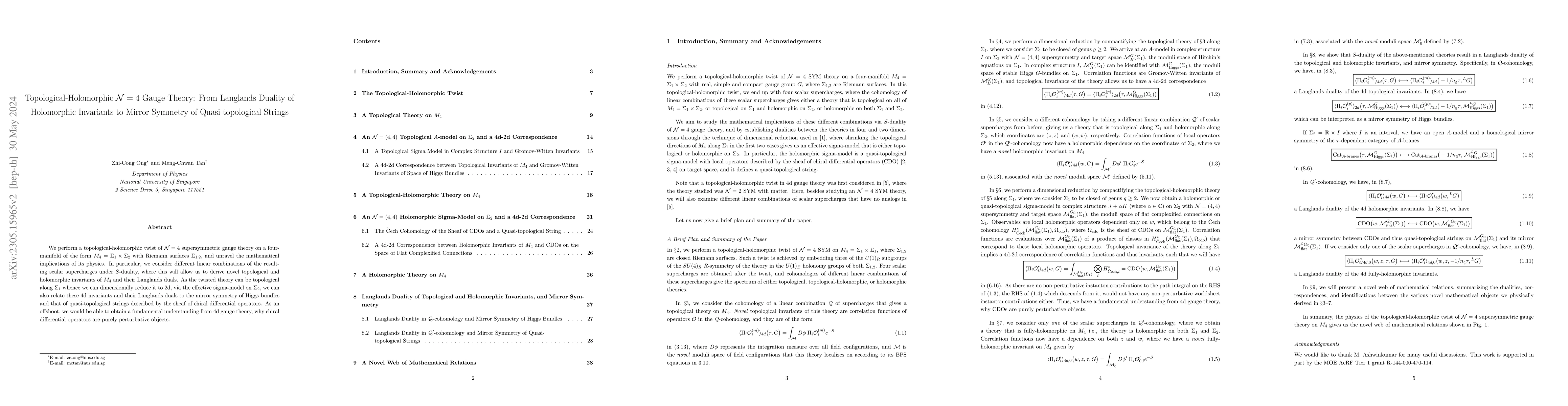 Thumbnail for Topological-Holomorphic ${\mathcal N} =4$ Gauge Theory: From Langlands
  Duality of Holomorphic Invariants to Mirror Symmetry of Quasi-topological
  Strings