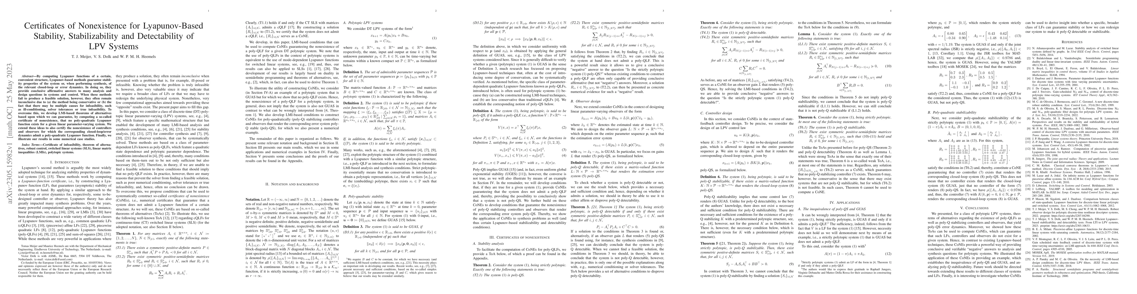 Thumbnail for Certificates of Nonexistence for Lyapunov-Based Stability,
  Stabilizability and Detectability of LPV Systems