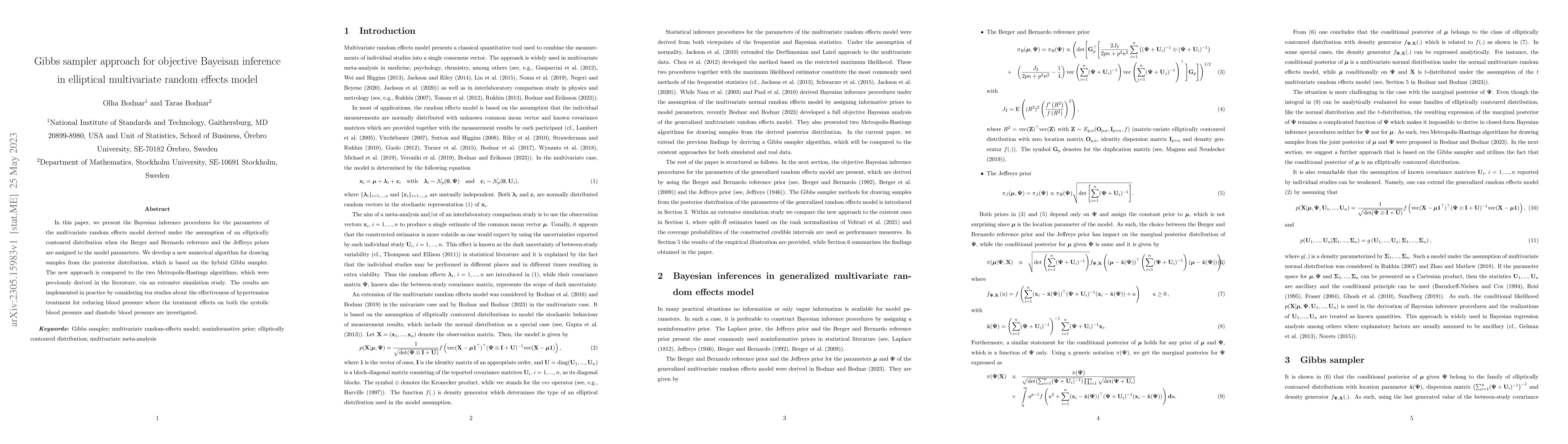 Thumbnail for Gibbs sampler approach for objective Bayeisan inference in elliptical
  multivariate random effects model