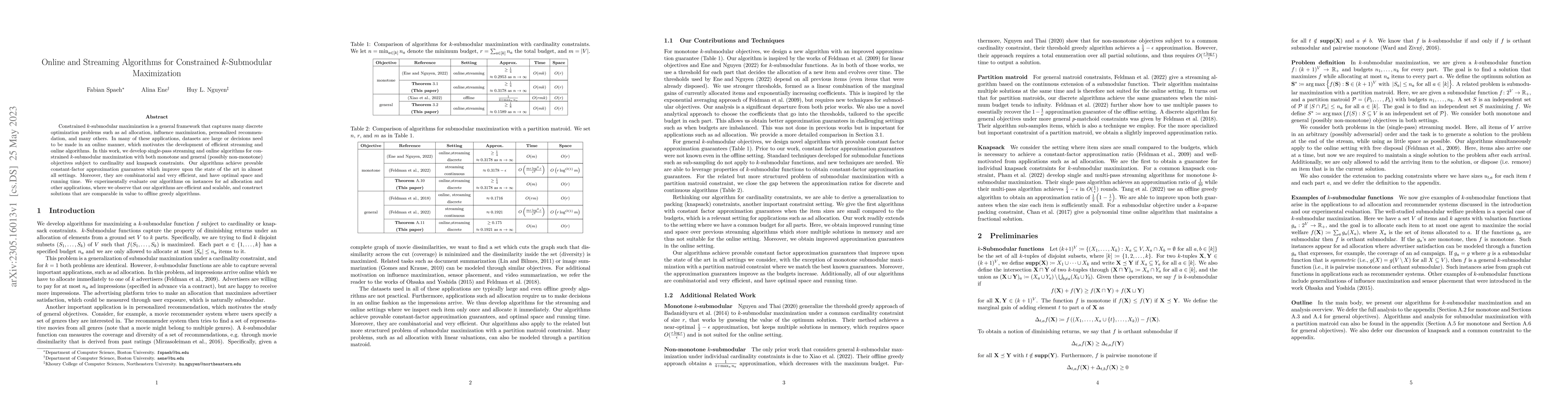 Thumbnail for Online and Streaming Algorithms for Constrained $k$-Submodular
  Maximization