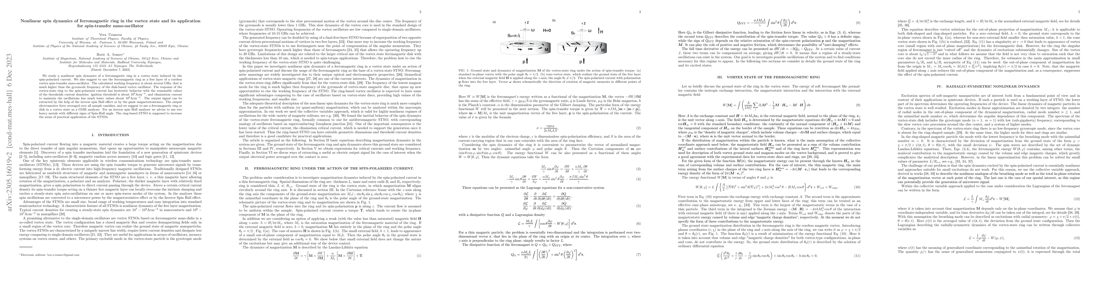 Thumbnail for Nonlinear spin dynamics of ferromagnetic ring in the vortex state and
  its application for spin-transfer nano-oscillator