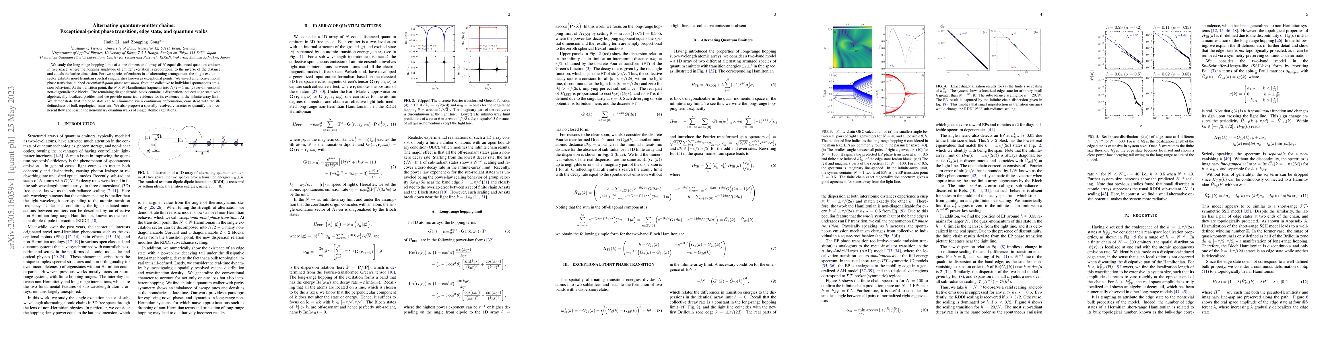 Thumbnail for Alternating quantum-emitter chains: Exceptional-point phase transition,
  edge state, and quantum walks