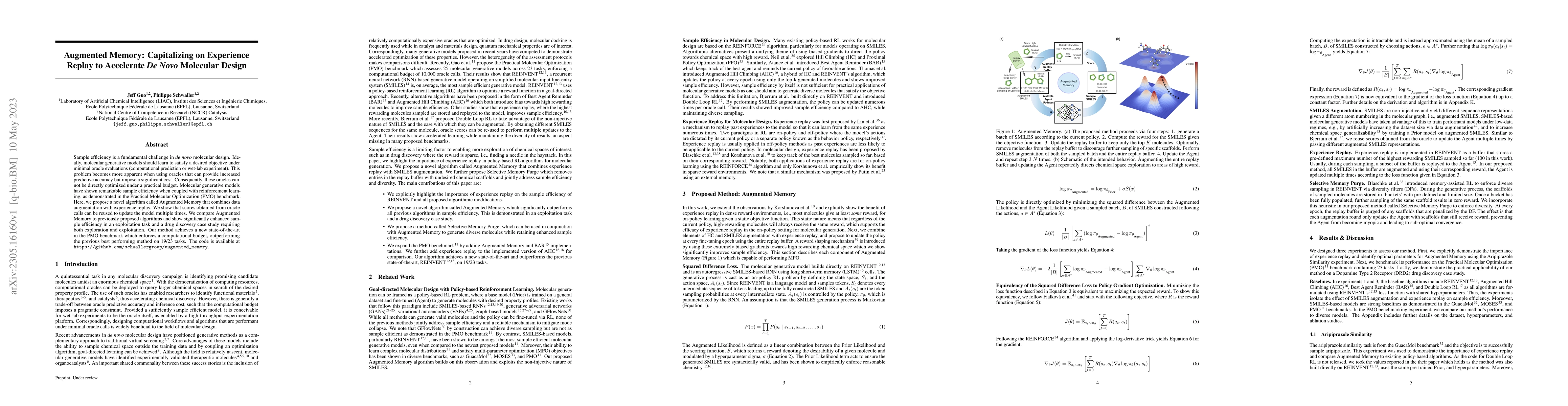 Thumbnail for Augmented Memory: Capitalizing on Experience Replay to Accelerate De
  Novo Molecular Design