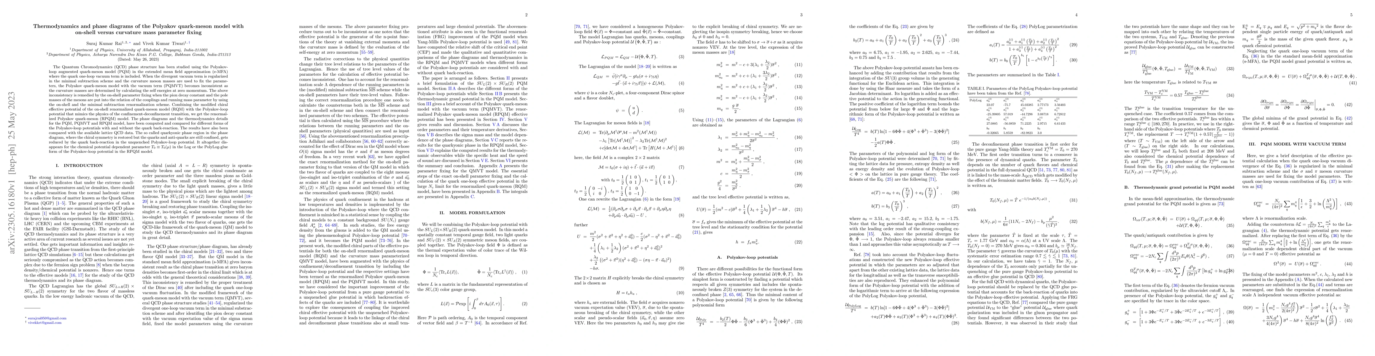 Thumbnail for Thermodynamics and phase diagrams of the Polyakov quark-meson model with
  on-shell versus curvature mass parameter fixing