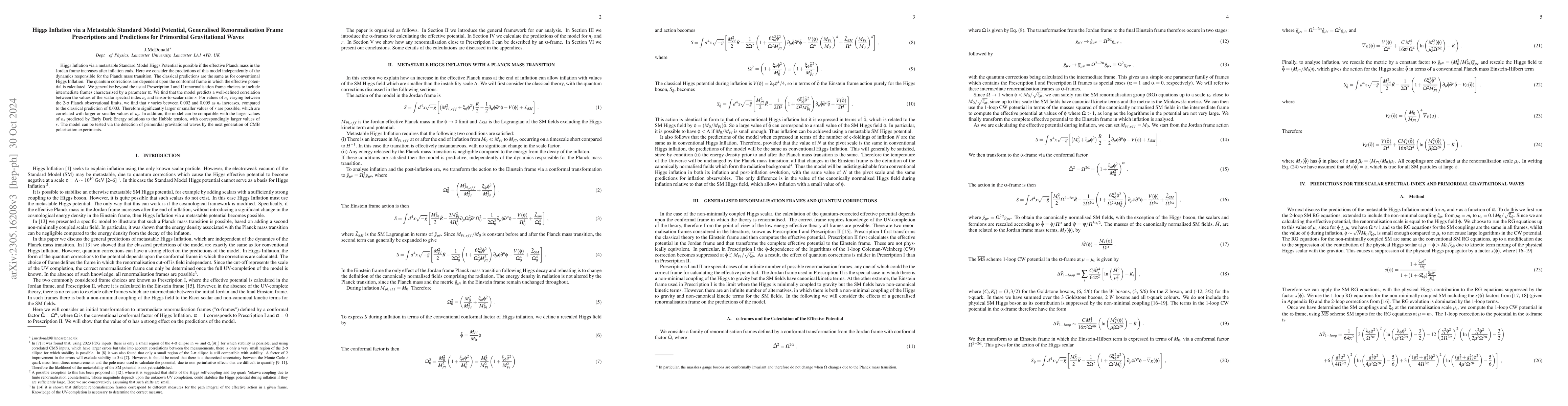 Thumbnail for Higgs Inflation via the Metastable Standard Model Potential, Generalised
  Renormalisation Frame Prescriptions and Predictions for Primordial
  Gravitational Waves