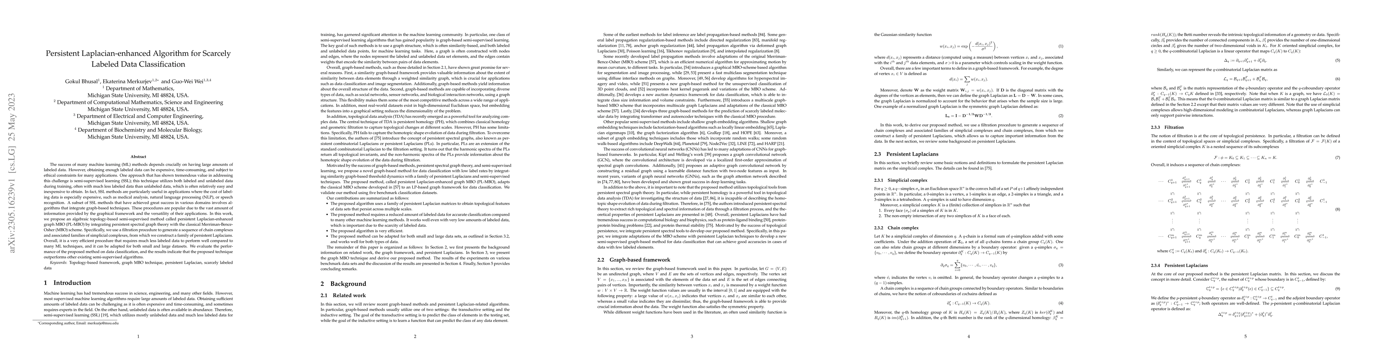 Thumbnail for Persistent Laplacian-enhanced Algorithm for Scarcely Labeled Data
  Classification