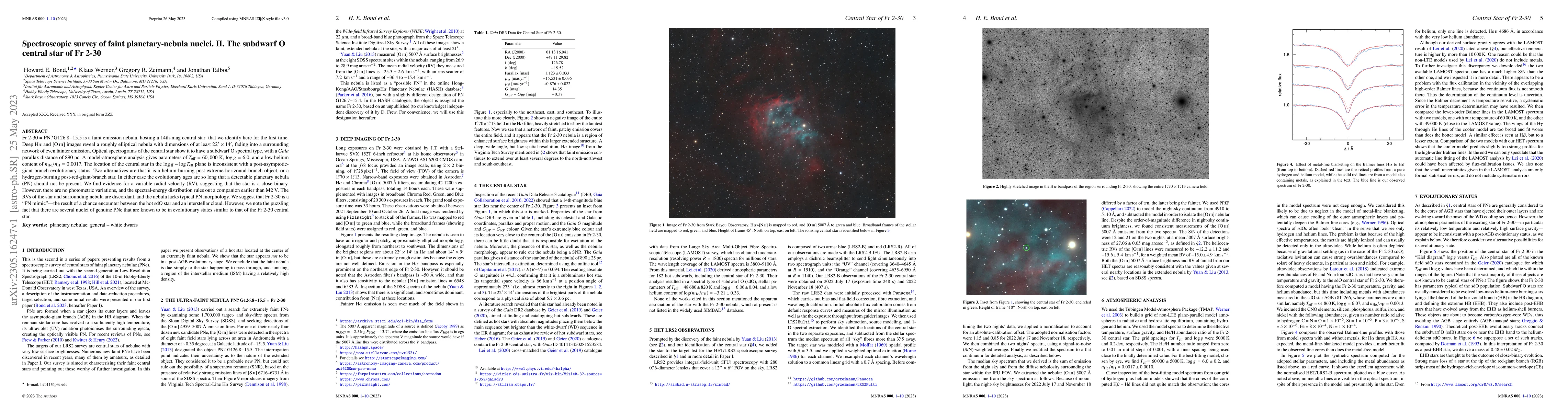 Thumbnail for Spectroscopic survey of faint planetary-nebula nuclei. II. The subdwarf
  O central star of Fr 2-30