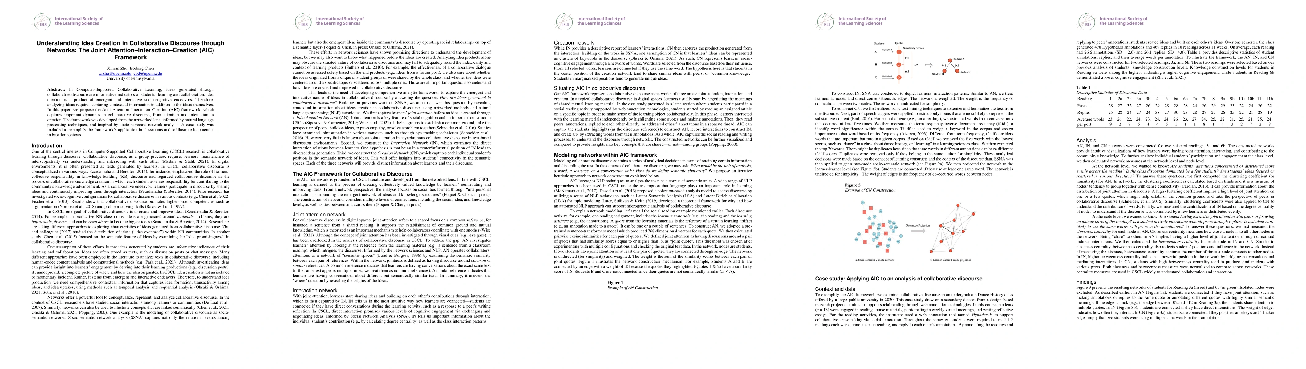 Thumbnail for Understanding Idea Creation in Collaborative Discourse through Networks:
  The Joint Attention-Interaction-Creation (AIC) Framework
