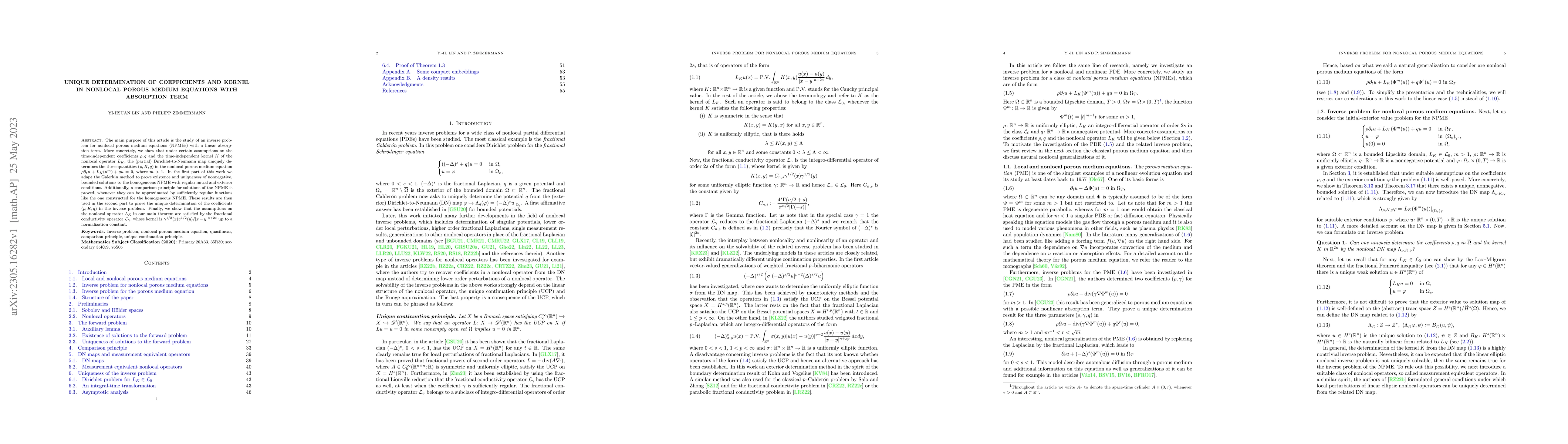 Thumbnail for Unique determination of coefficients and kernel in nonlocal porous
  medium equations with absorption term