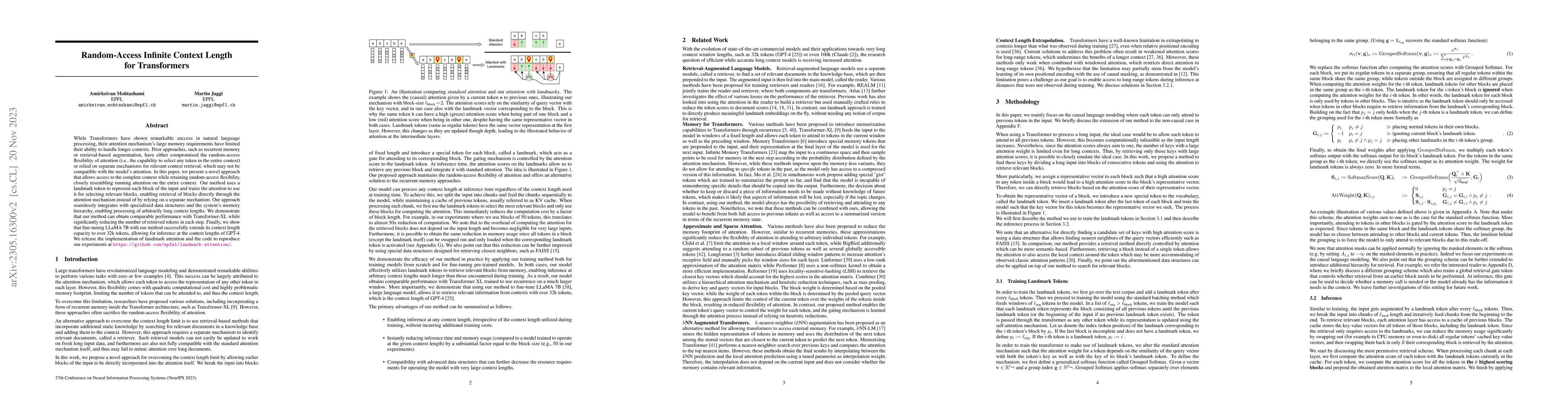 Thumbnail for Landmark Attention: Random-Access Infinite Context Length for
  Transformers