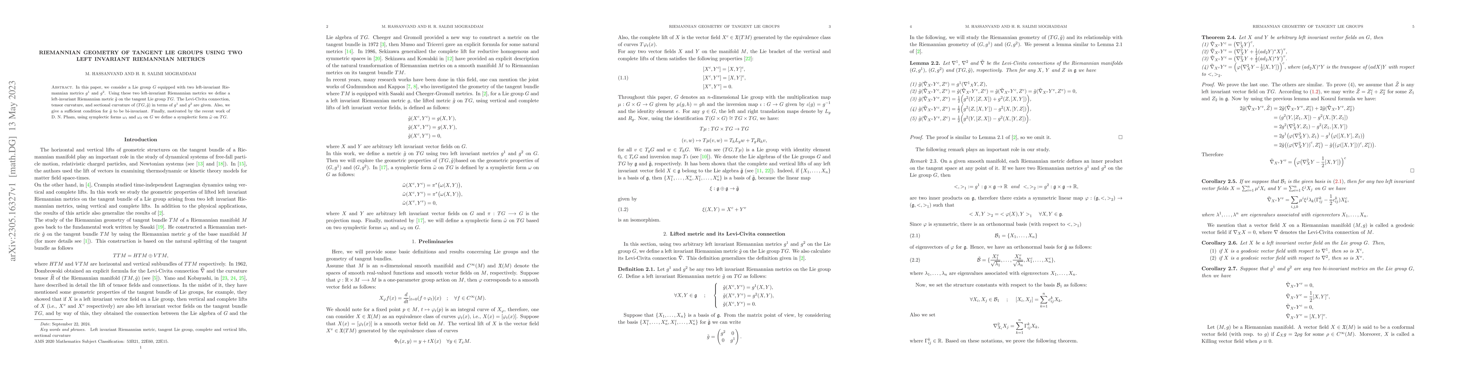 Thumbnail for Riemannian geometry of tangent Lie groups using two left invariant
  Riemannian metrics
