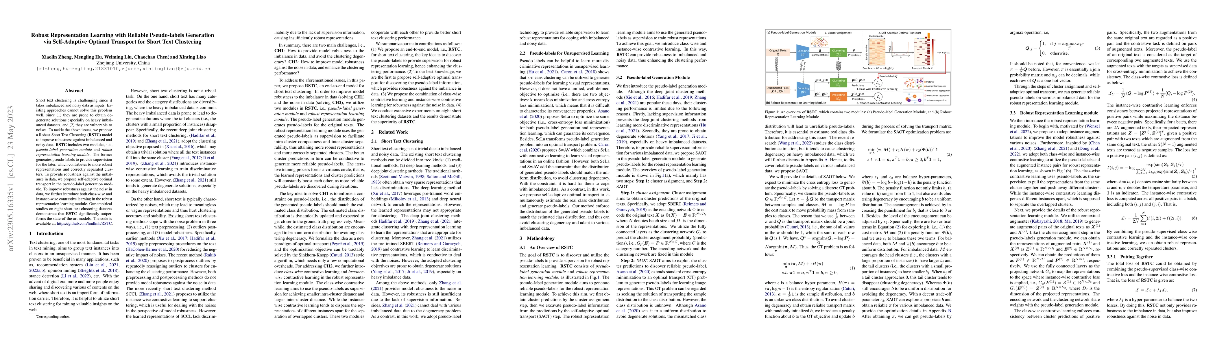 Thumbnail for Robust Representation Learning with Reliable Pseudo-labels Generation
  via Self-Adaptive Optimal Transport for Short Text Clustering