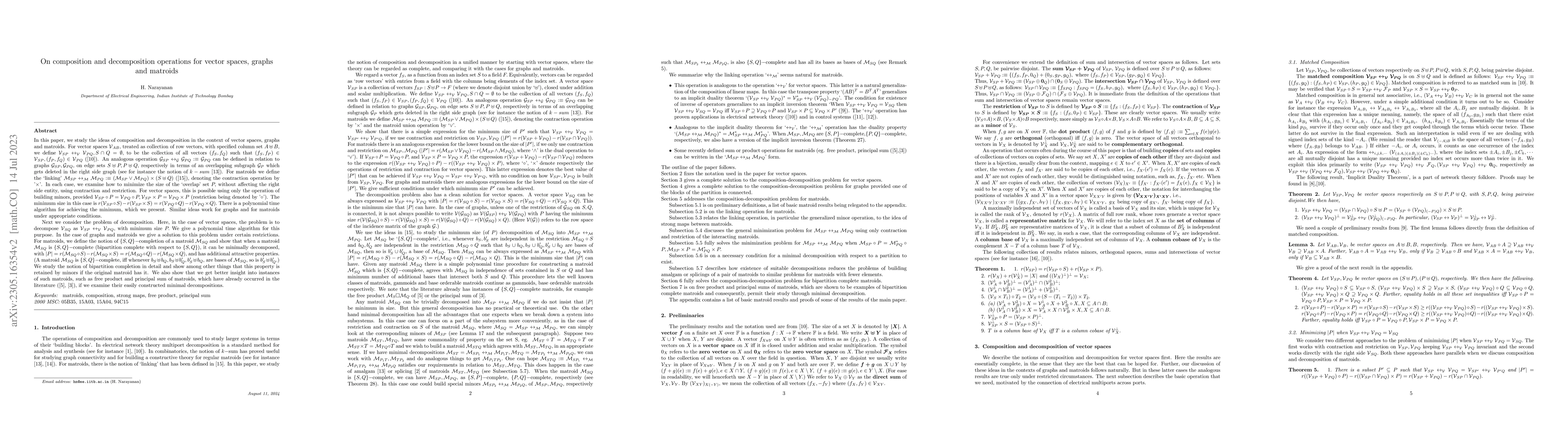 Thumbnail for On composition and decomposition operations for vector spaces, graphs
  and matroids