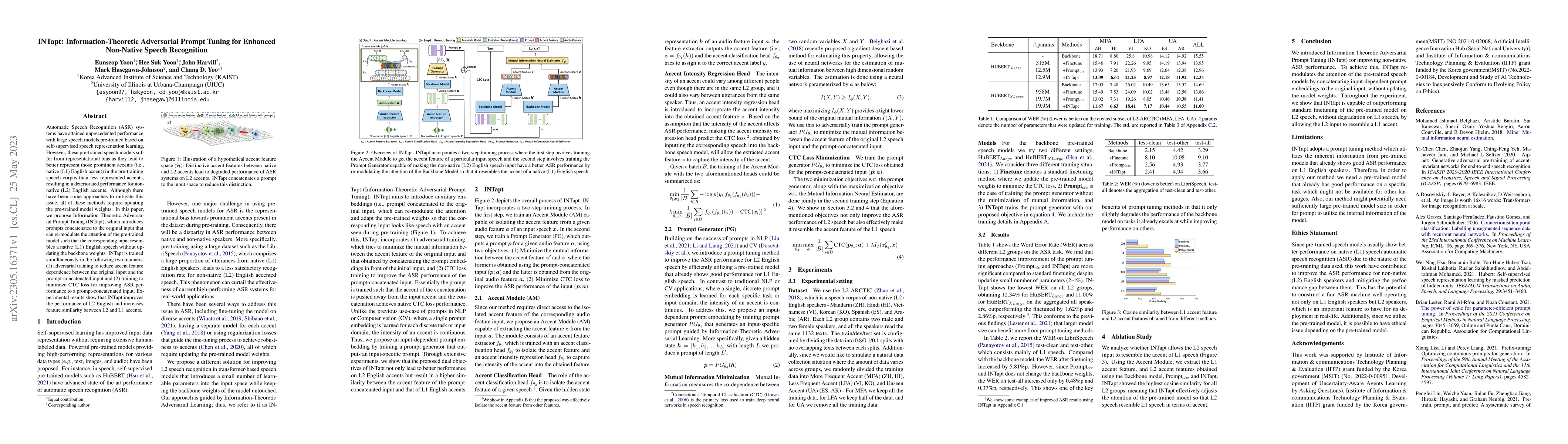 Thumbnail for INTapt: Information-Theoretic Adversarial Prompt Tuning for Enhanced
  Non-Native Speech Recognition