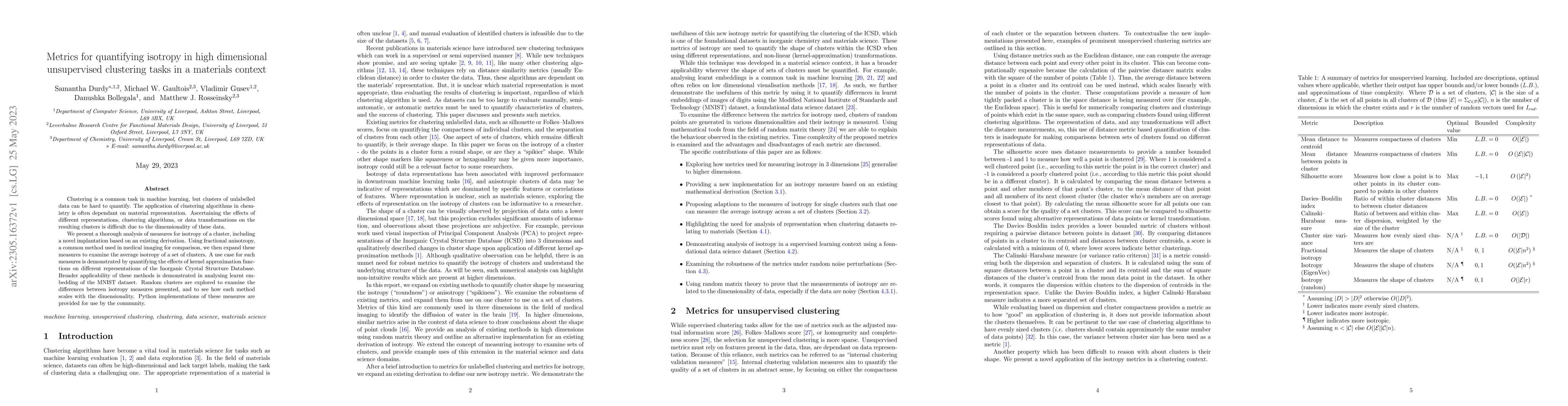 Thumbnail for Metrics for quantifying isotropy in high dimensional unsupervised
  clustering tasks in a materials context