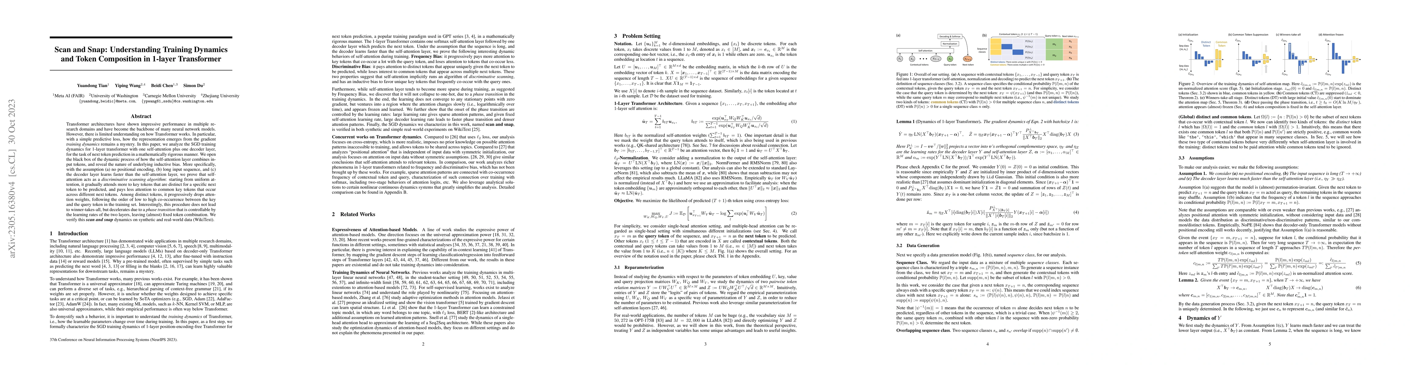 Thumbnail for Scan and Snap: Understanding Training Dynamics and Token Composition in
  1-layer Transformer