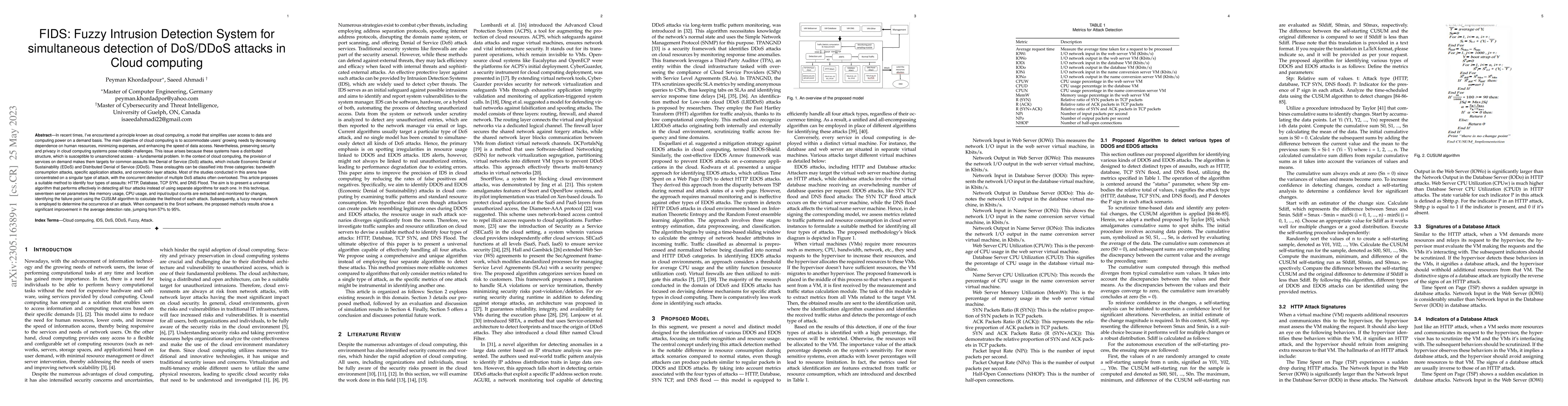 Thumbnail for FIDS: Fuzzy Intrusion Detection System for simultaneous detection of
  DoS/DDoS attacks in Cloud computing