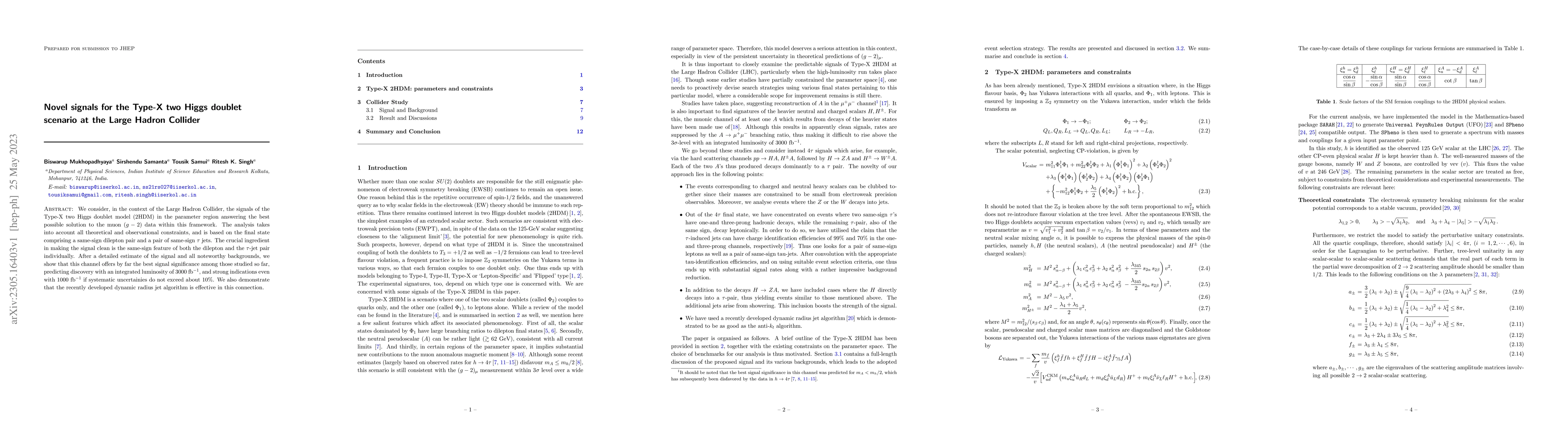 Thumbnail for Novel signals for the Type-X two Higgs doublet scenario at the Large
  Hadron Collider