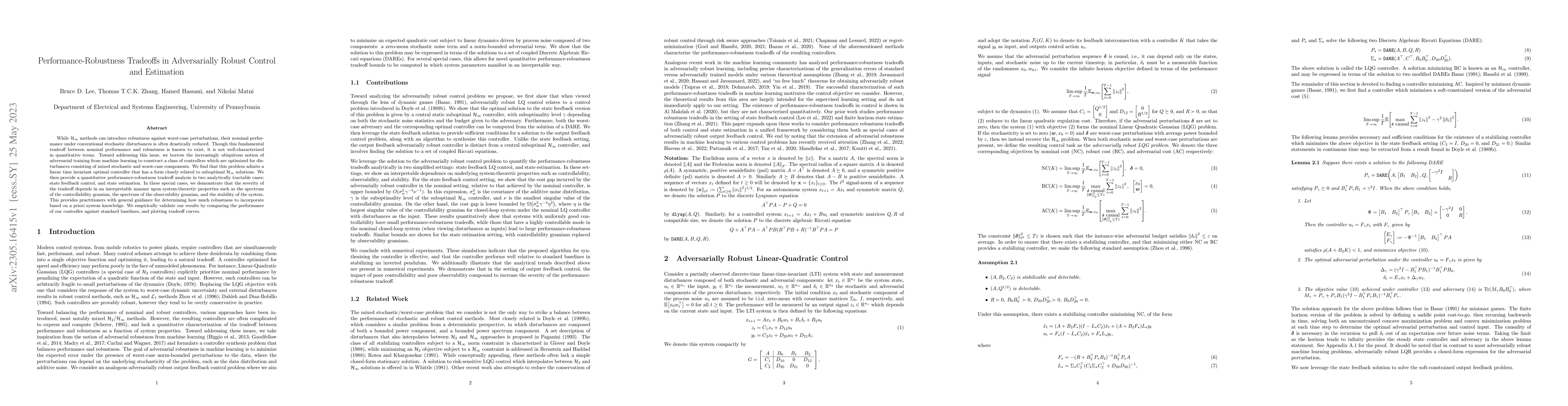Thumbnail for Performance-Robustness Tradeoffs in Adversarially Robust Control and
  Estimation