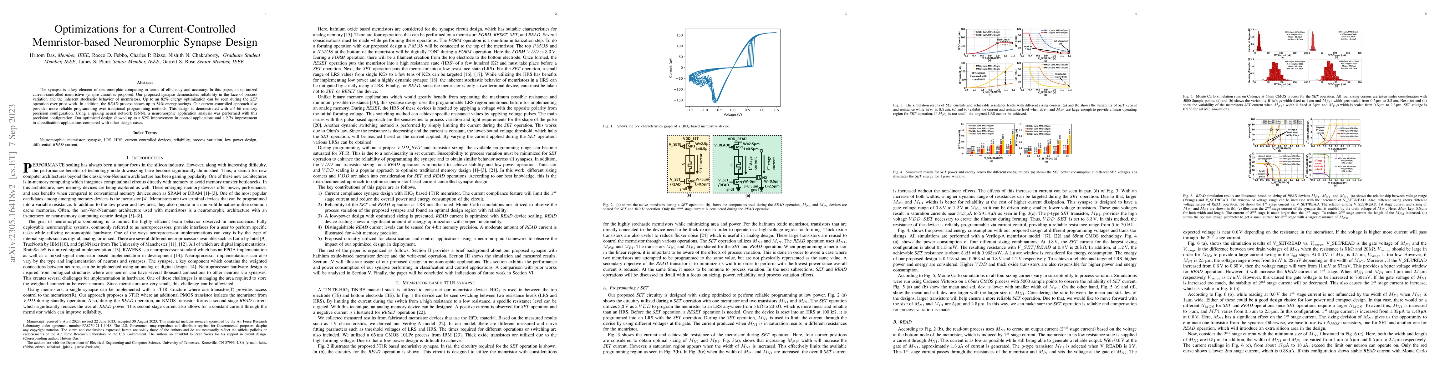 Thumbnail for Optimizations for a Current-Controlled Memristor-based Neuromorphic
  Synapse Design