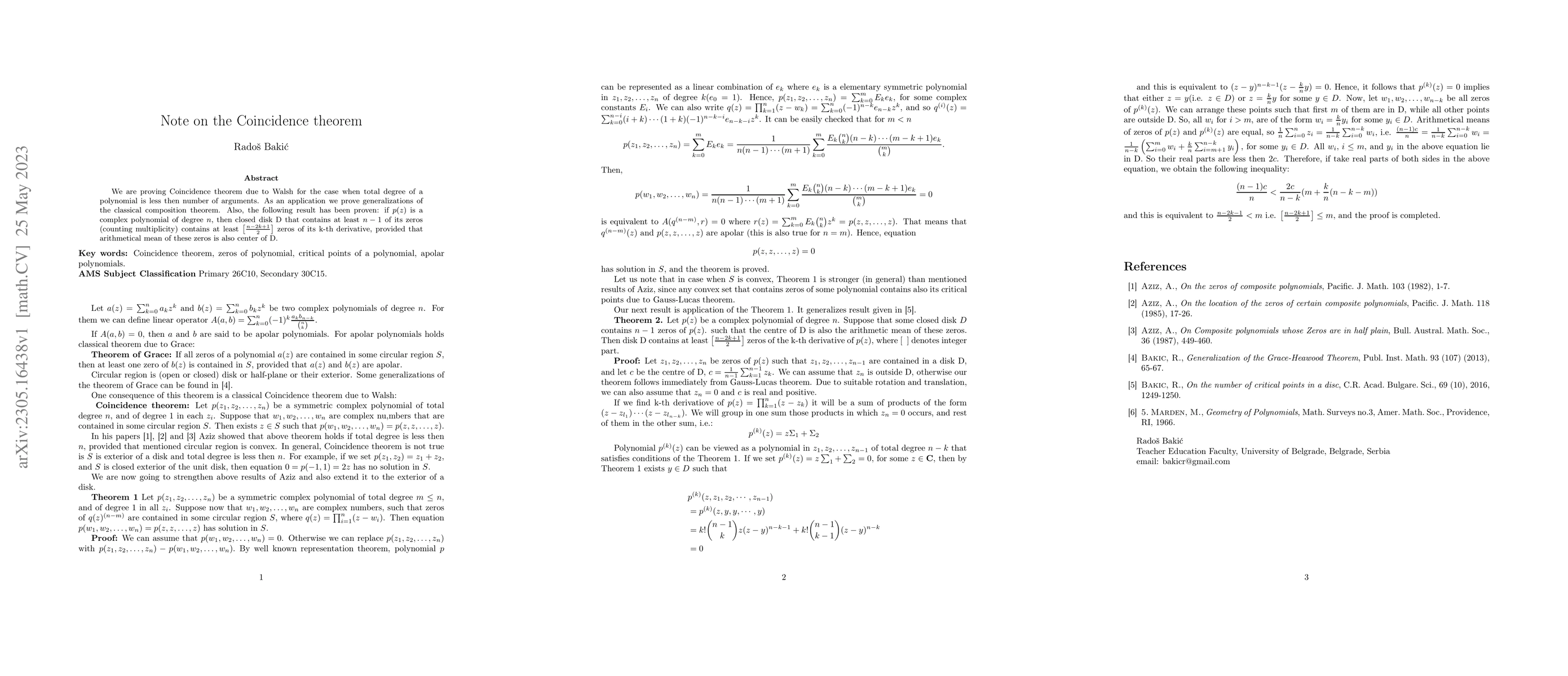 Thumbnail for Note on the Coincidence theorem