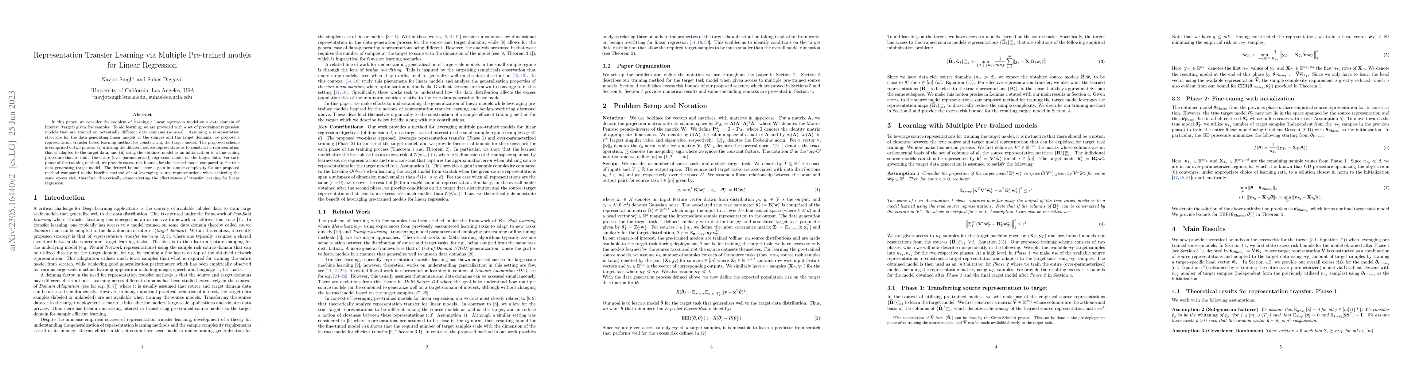 Thumbnail for Representation Transfer Learning via Multiple Pre-trained models for
  Linear Regression