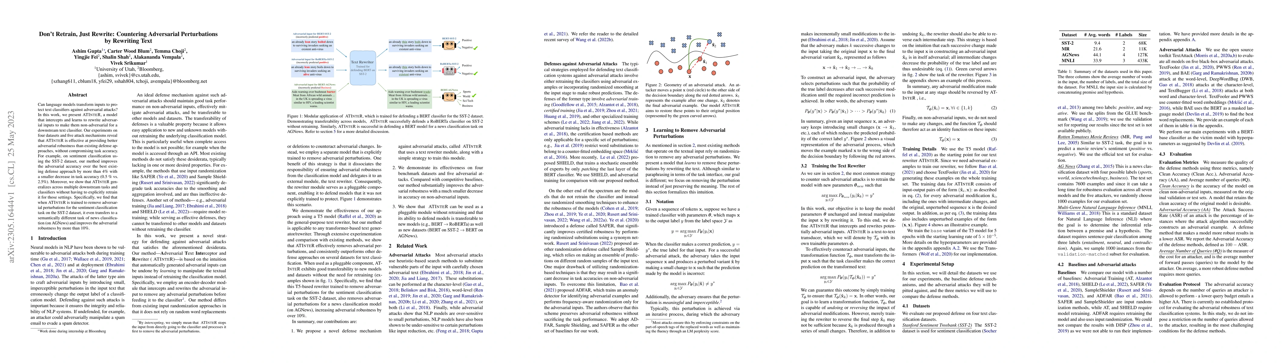 Thumbnail for Don't Retrain, Just Rewrite: Countering Adversarial Perturbations by
  Rewriting Text
