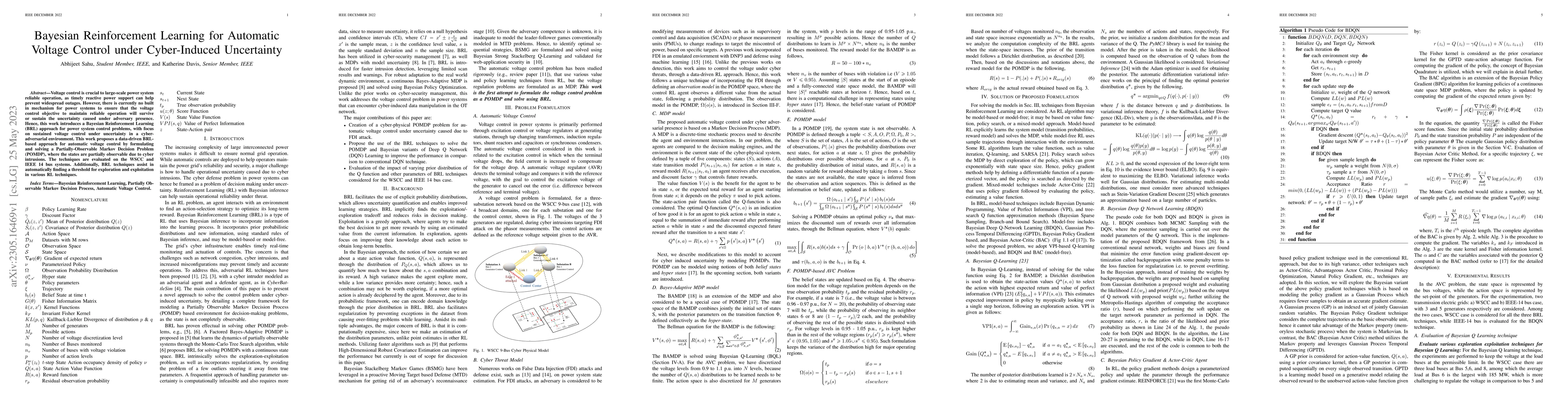 Thumbnail for Bayesian Reinforcement Learning for Automatic Voltage Control under
  Cyber-Induced Uncertainty