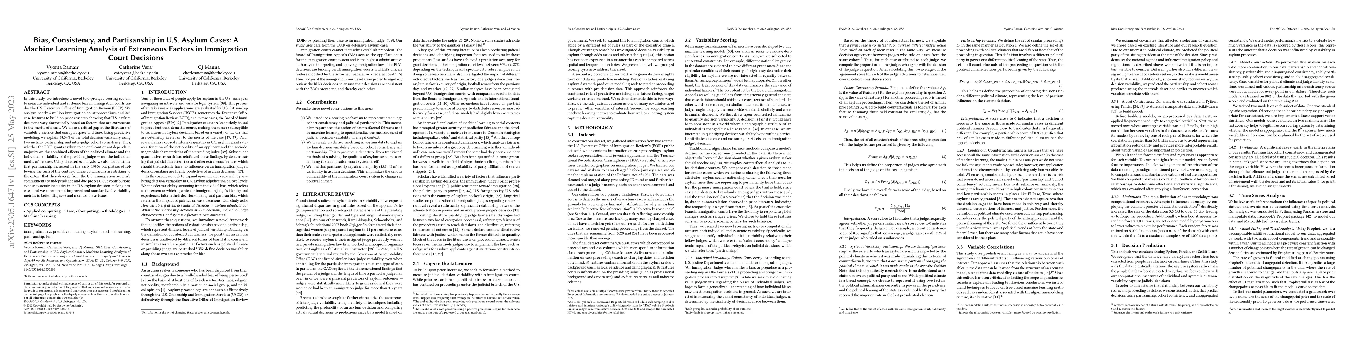 Thumbnail for Bias, Consistency, and Partisanship in U.S. Asylum Cases: A Machine
  Learning Analysis of Extraneous Factors in Immigration Court Decisions