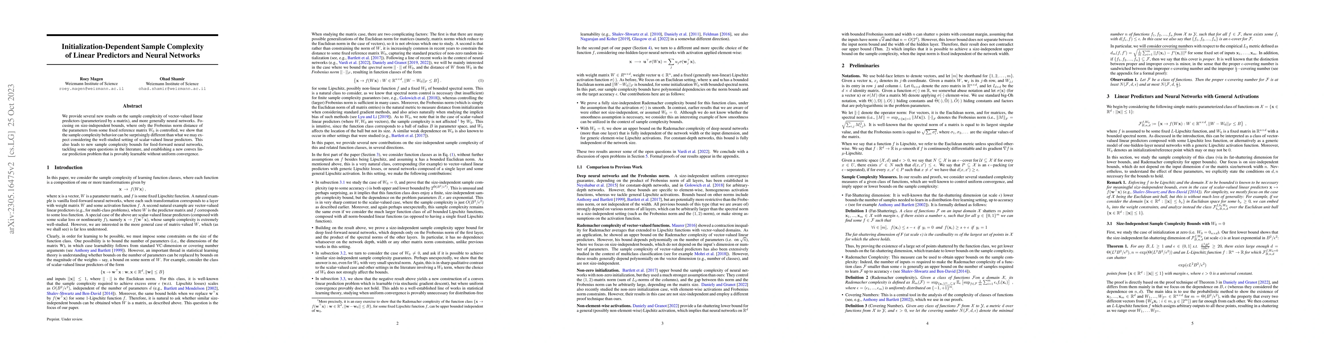 Thumbnail for Initialization-Dependent Sample Complexity of Linear Predictors and
  Neural Networks