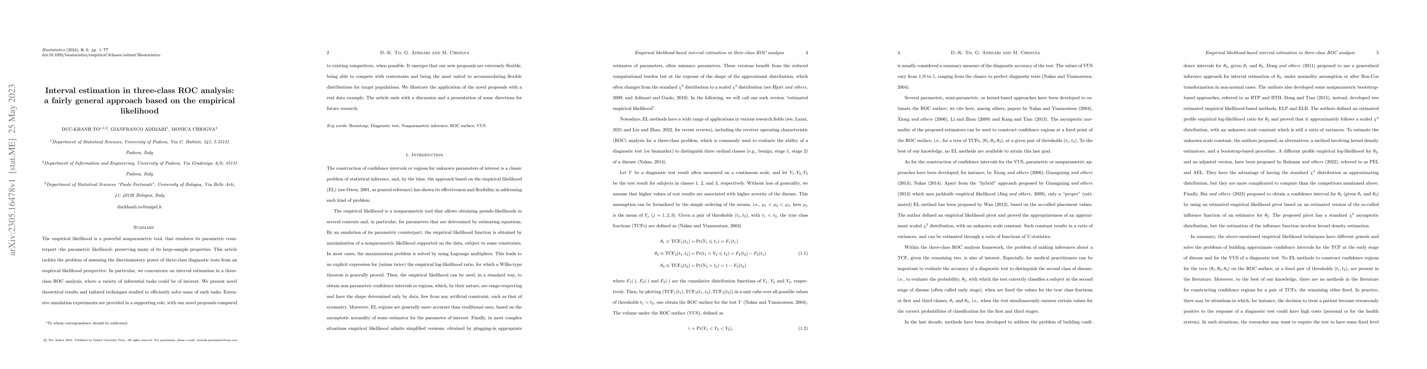 Thumbnail for Interval estimation in three-class ROC analysis: a fairly general
  approach based on the empirical likelihood