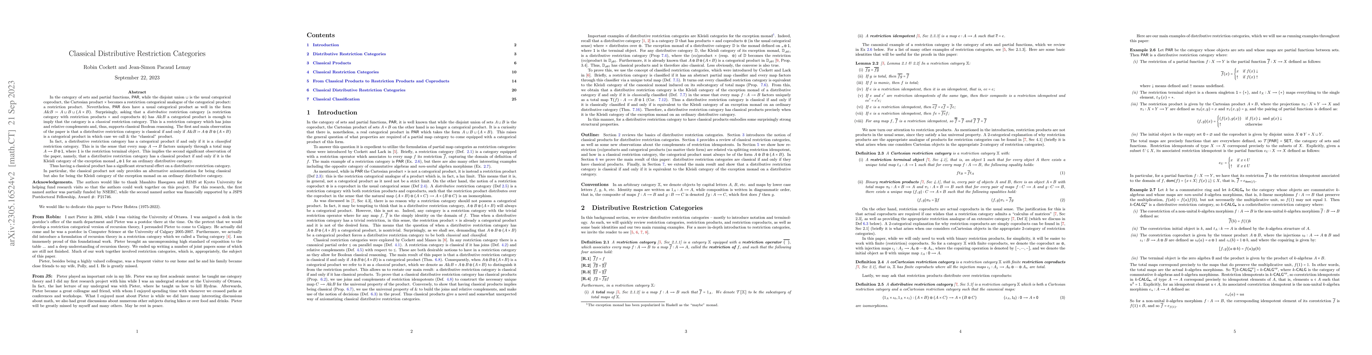 Thumbnail for Classical Distributive Restriction Categories