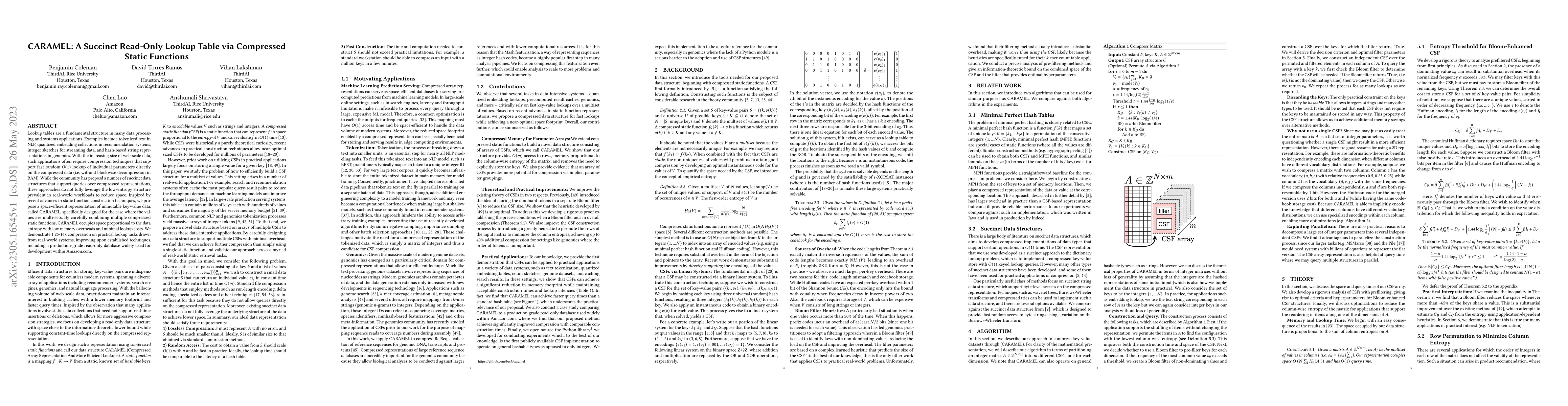 Thumbnail for CARAMEL: A Succinct Read-Only Lookup Table via Compressed Static
  Functions