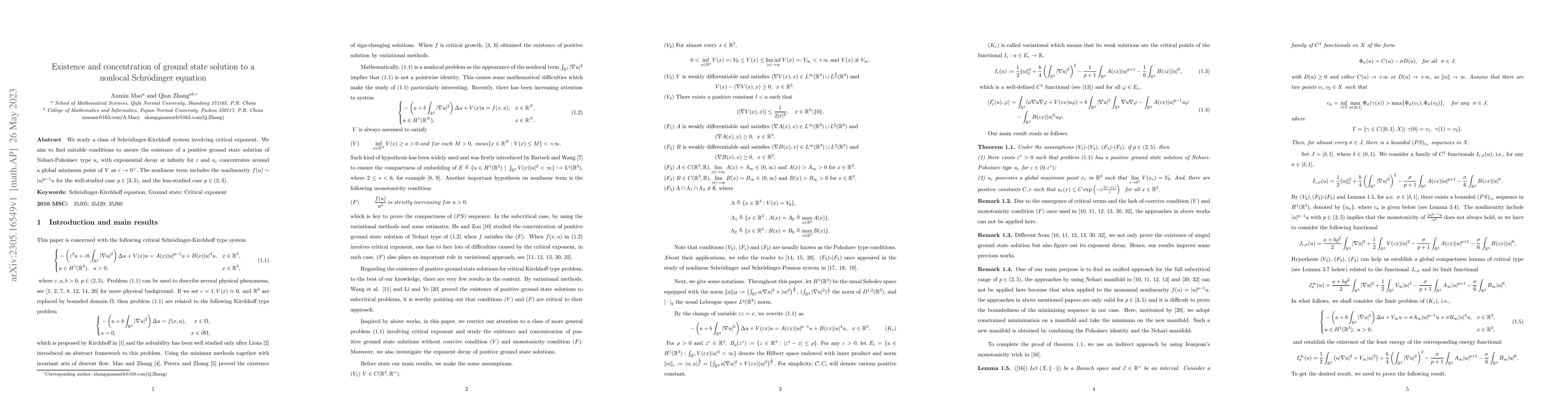 Thumbnail for Existence and concentration of ground state solution to a nonlocal
  Schr\"{o}dinger equation
