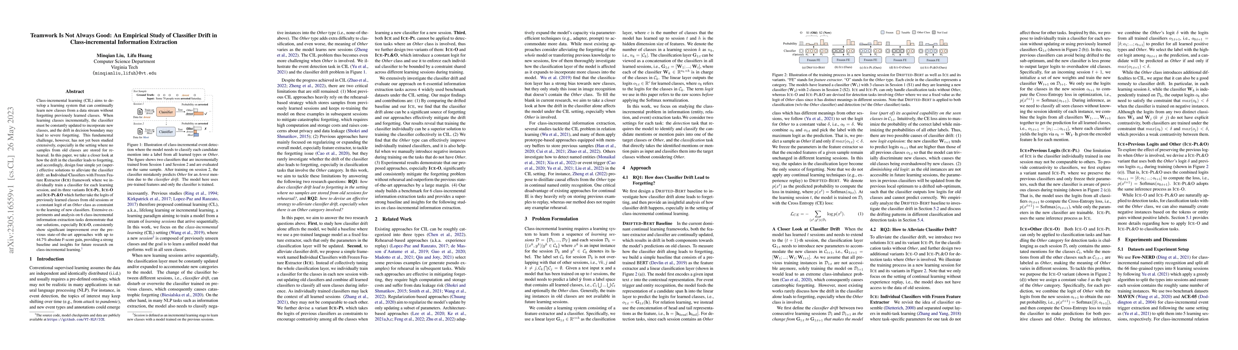 Thumbnail for Teamwork Is Not Always Good: An Empirical Study of Classifier Drift in
  Class-incremental Information Extraction