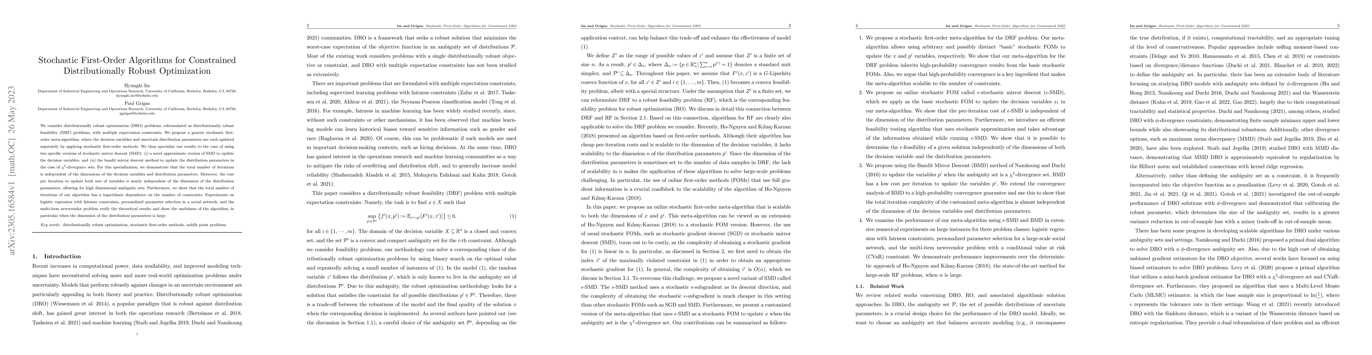 Thumbnail for Stochastic First-Order Algorithms for Constrained Distributionally
  Robust Optimization