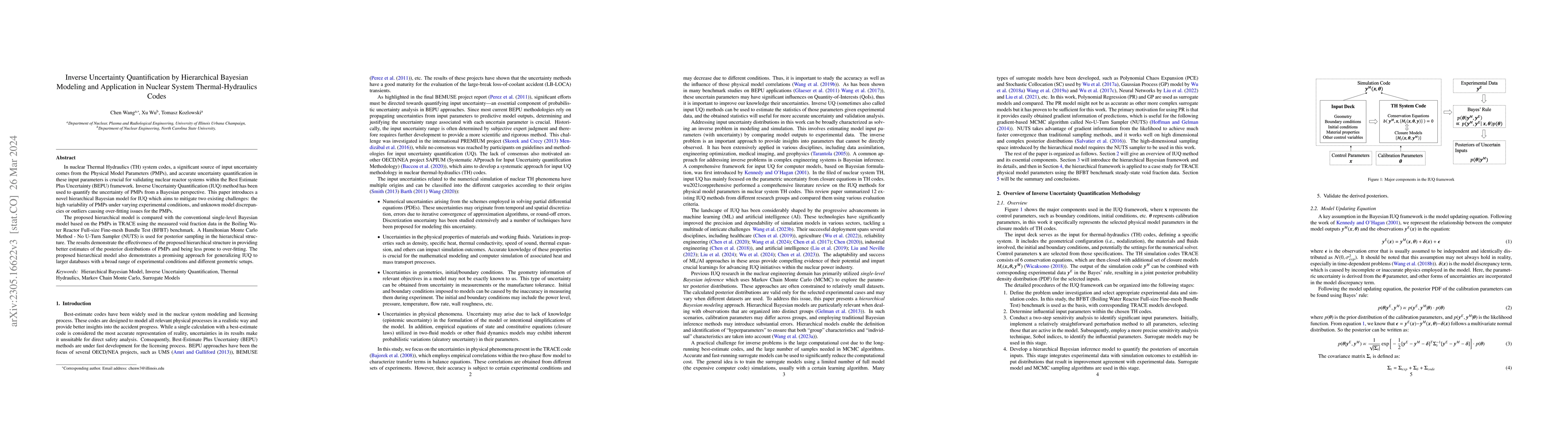 Thumbnail for Inverse Uncertainty Quantification by Hierarchical Bayesian Modeling and
  Application in Nuclear System Thermal-Hydraulics Codes