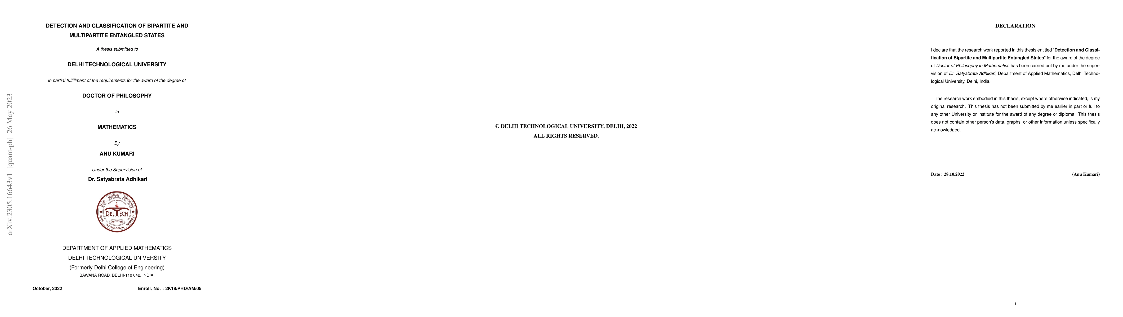 Thumbnail for Detection and Classification of Bipartite and Multipartite Entangled
  States