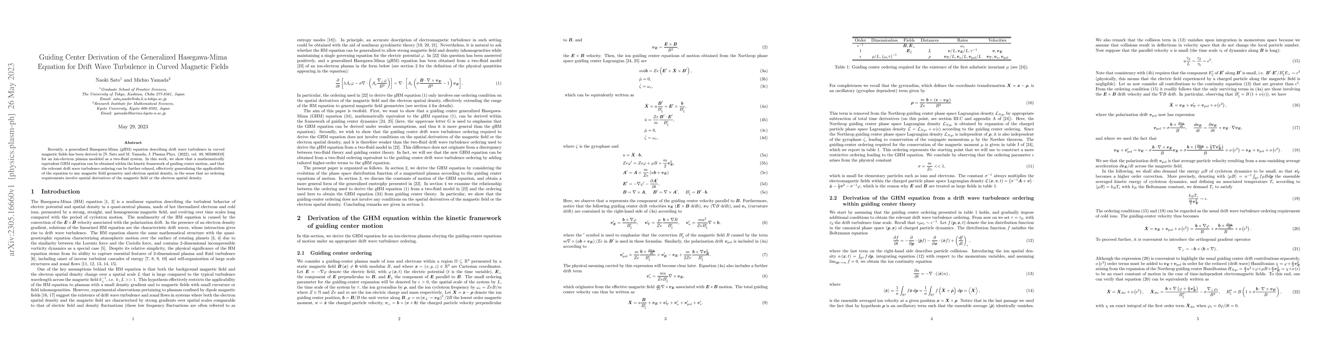 Thumbnail for Guiding Center Derivation of the Generalized Hasegawa-Mima Equation for
  Drift Wave Turbulence in Curved Magnetic Fields