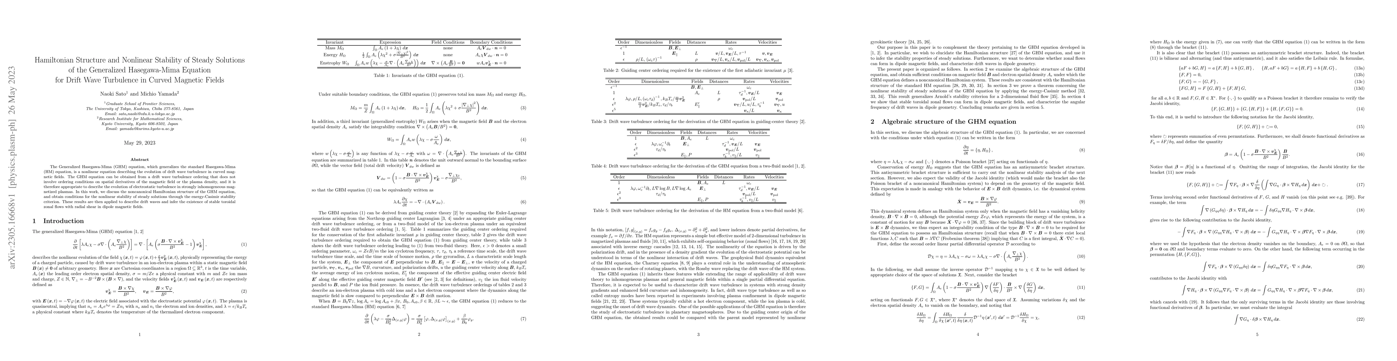 Thumbnail for Hamiltonian Structure and Nonlinear Stability of Steady Solutions of the
  Generalized Hasegawa-Mima Equation for Drift Wave Turbulence in Curved
  Magnetic Fields