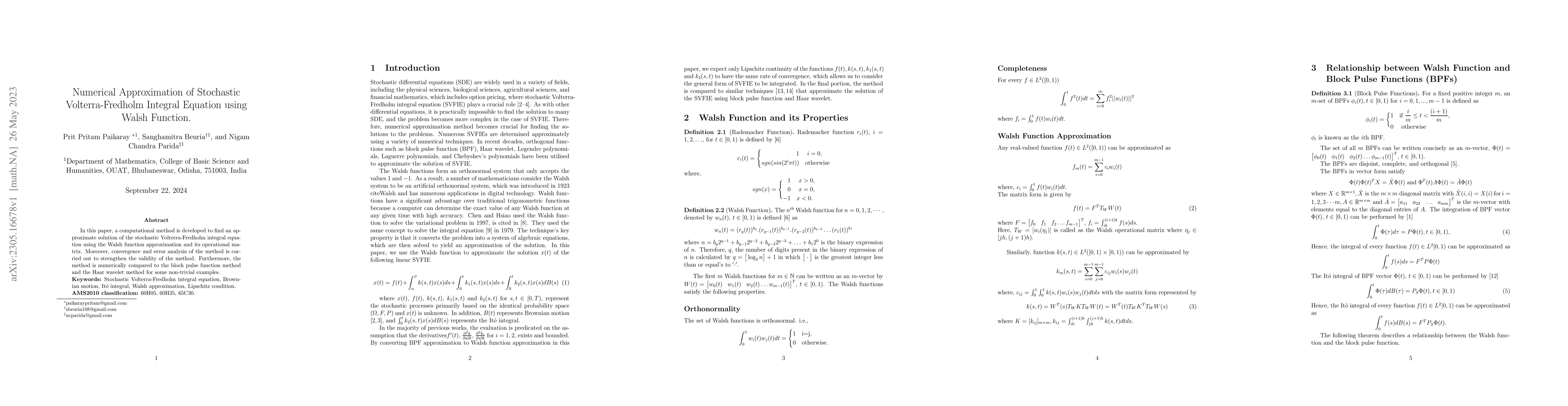 Thumbnail for Numerical Approximation of Stochastic Volterra-Fredholm Integral
  Equation using Walsh Function