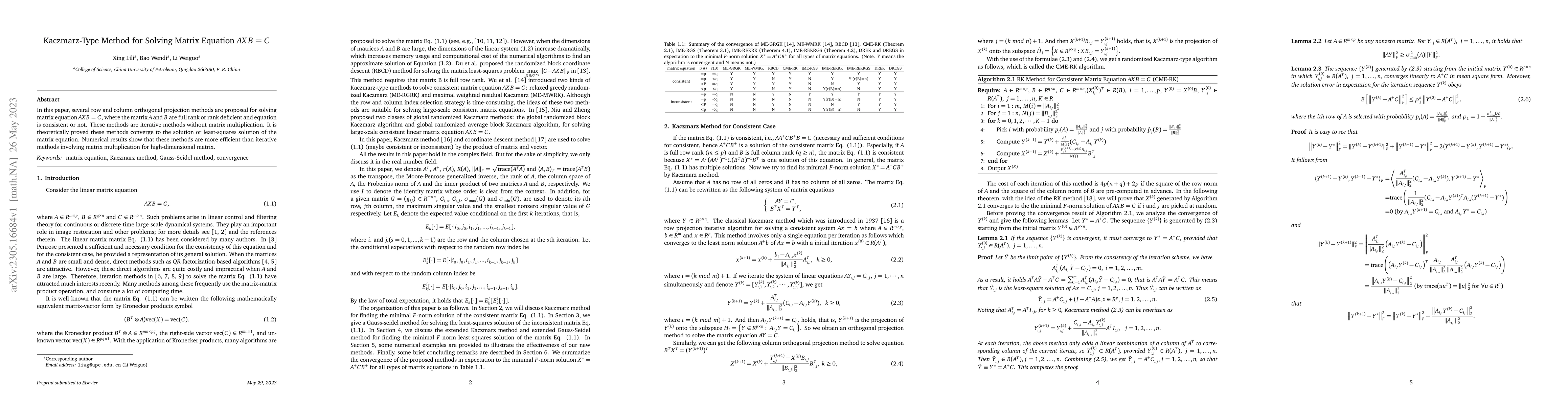 Thumbnail for Kaczmarz-Type Method for Solving Matrix Equation $AXB=C$