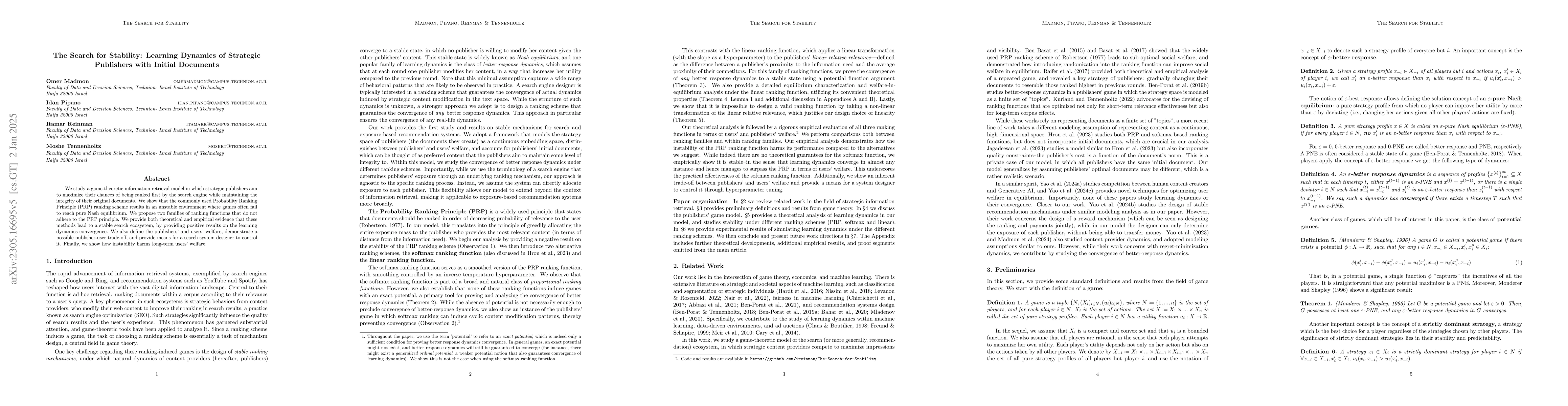 Thumbnail for The Search for Stability: Learning Dynamics of Strategic Publishers with
  Initial Documents