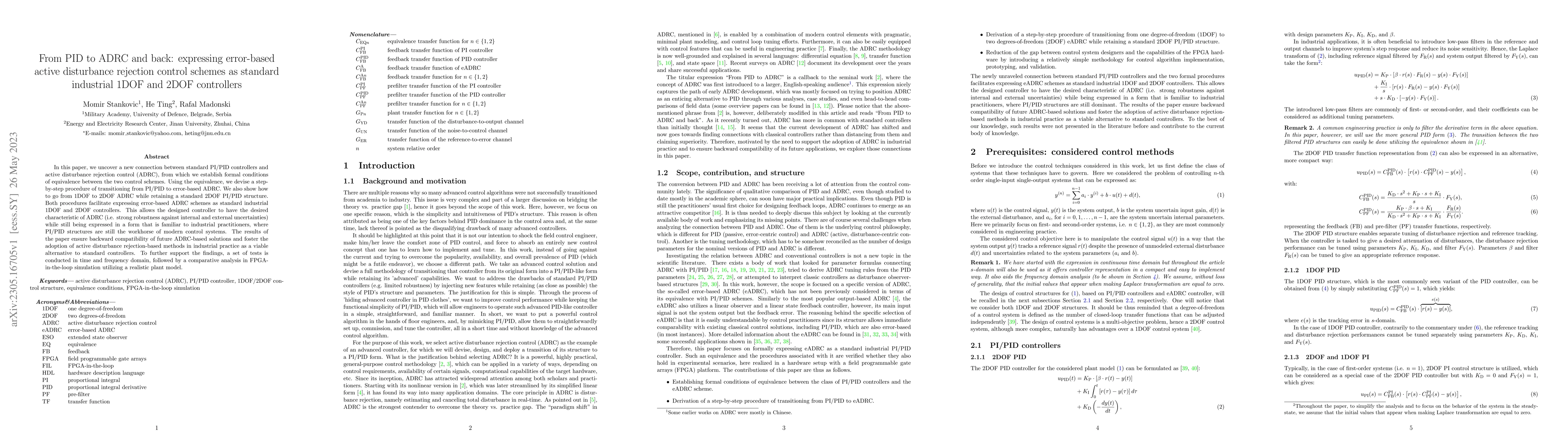 Thumbnail for From PID to ADRC and back: expressing error-based active disturbance
  rejection control schemes as standard industrial 1DOF and 2DOF controllers