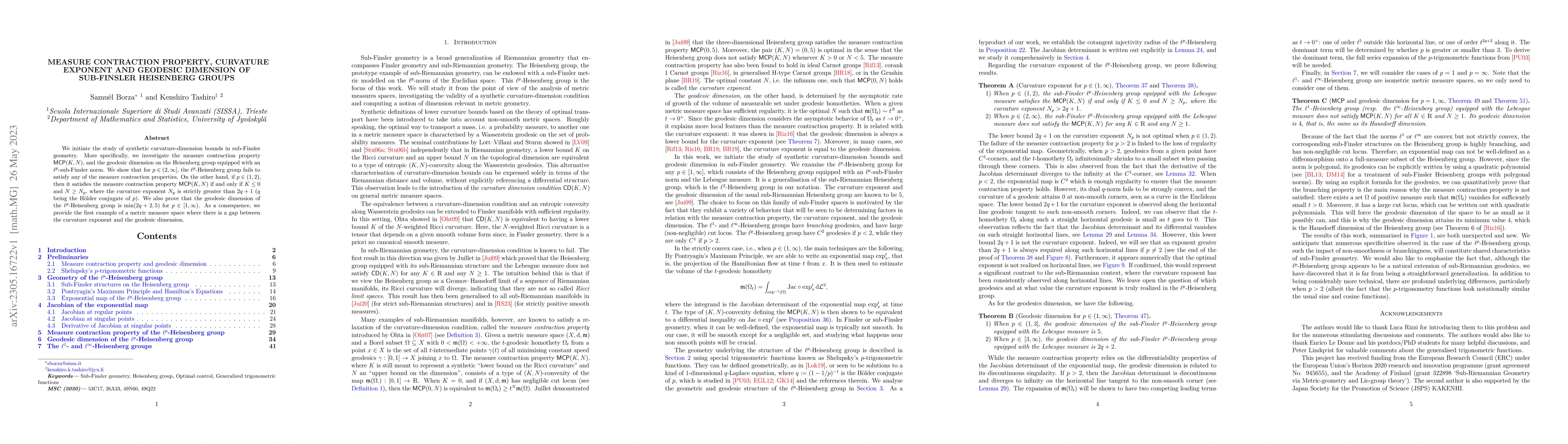 Thumbnail for Measure contraction property, curvature exponent and geodesic dimension
  of sub-Finsler Heisenberg groups