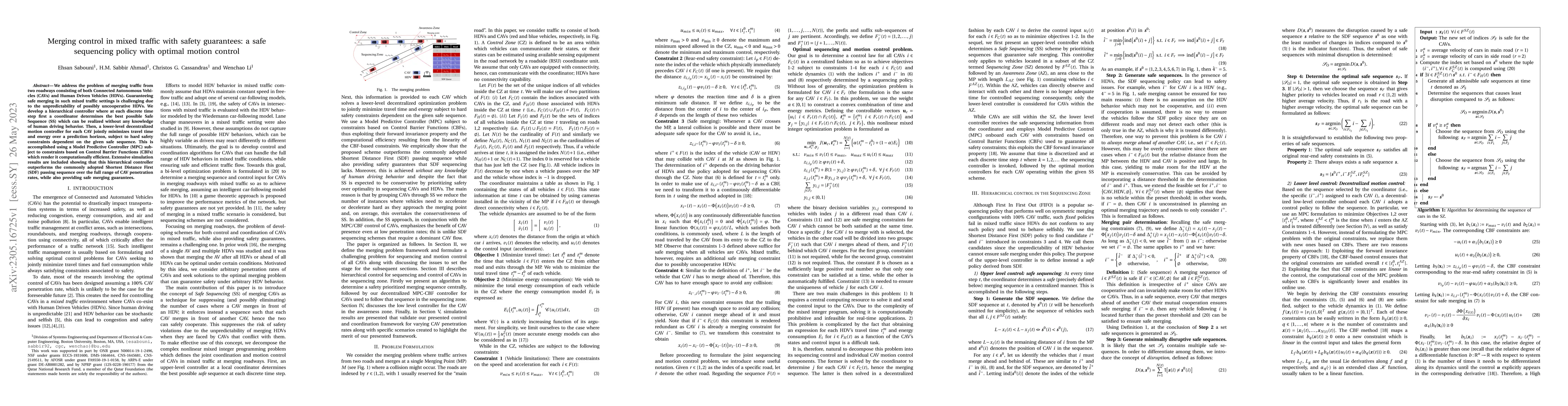 Thumbnail for Merging control in mixed traffic with safety guarantees: a safe
  sequencing policy with optimal motion control